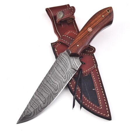 handmade damascus knife hunting bowie with leather sheath mega blades