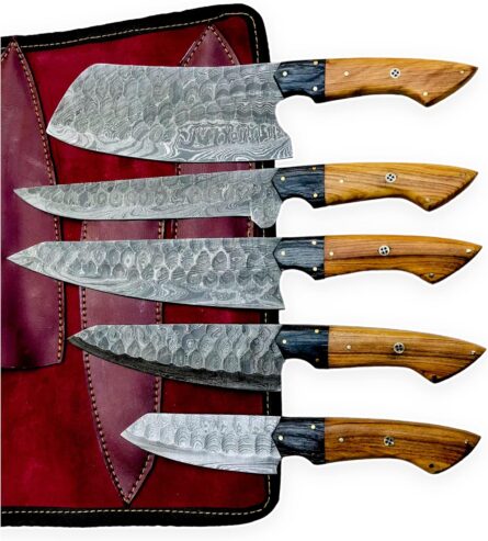 handmade damascus knife set 5pcs with wooden block sheath mega blades