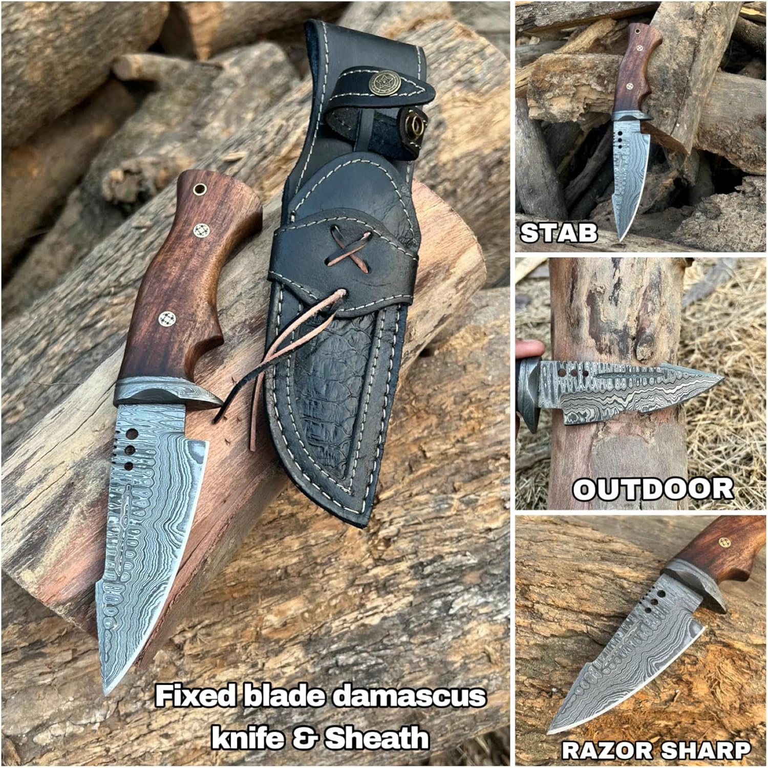 handmade damascus hunting knife 10” fixed blade with sheath mega blades handmade damascus hunting knife 10” fixed blade with sheath mega blades