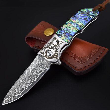 aubey damascus pocket knife edc folding knife with sheath mega blades