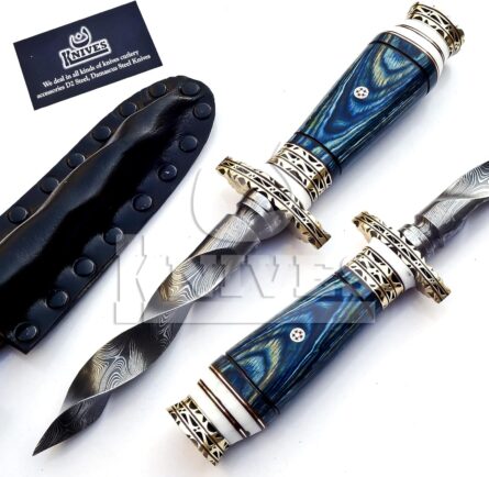 handmade damascus kris knife 10.5" with blue pakka wood handle mega blades