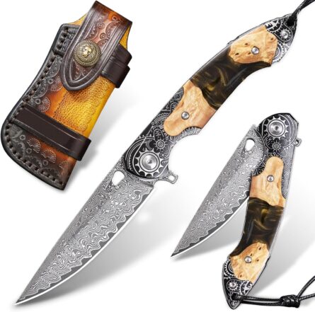 handmade damascus pocket knife 3.5" blade outdoor edc knife mega blades