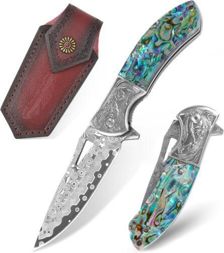 damascus pocket knife – handmade vg10 folding knife with sheath mega blades