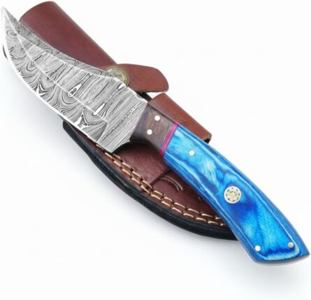 damascus hunting knife – handmade blue & rosewood handle mega blades