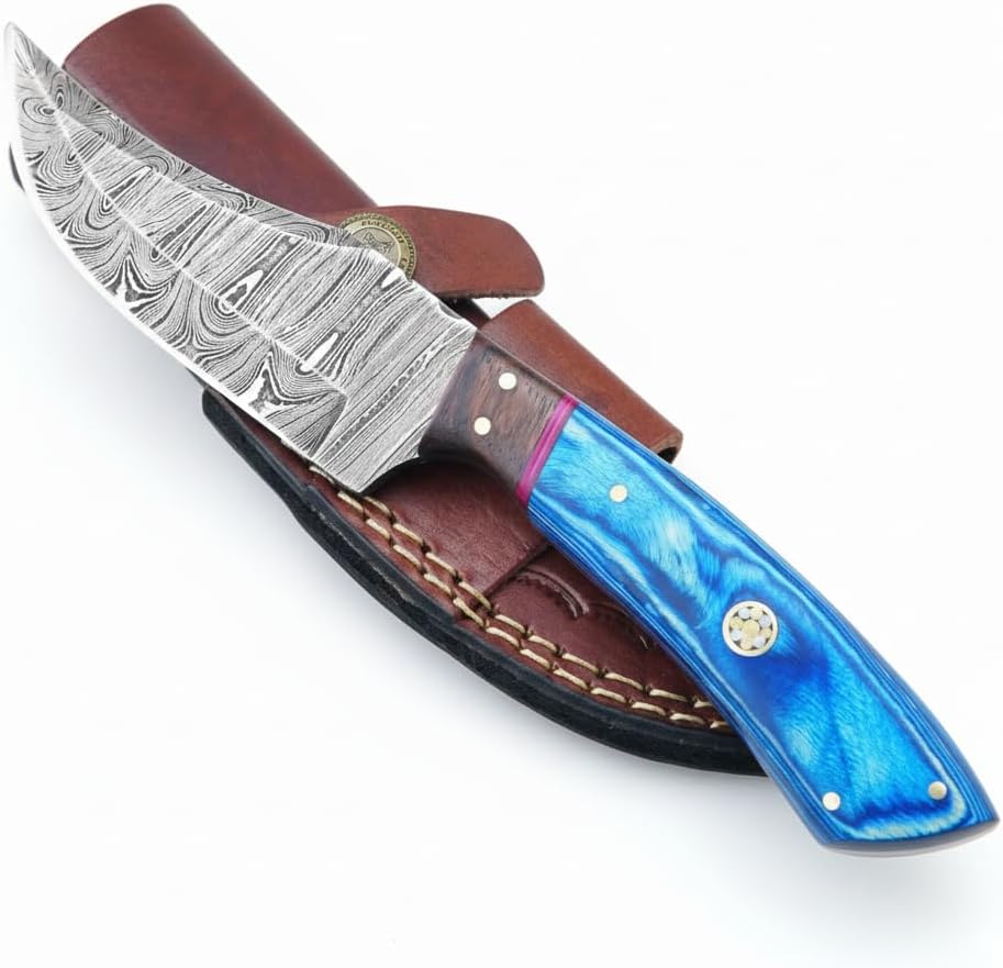 damascus hunting knife – handmade blue & rosewood handle mega blades damascus hunting knife – handmade blue & rosewood handle mega blades