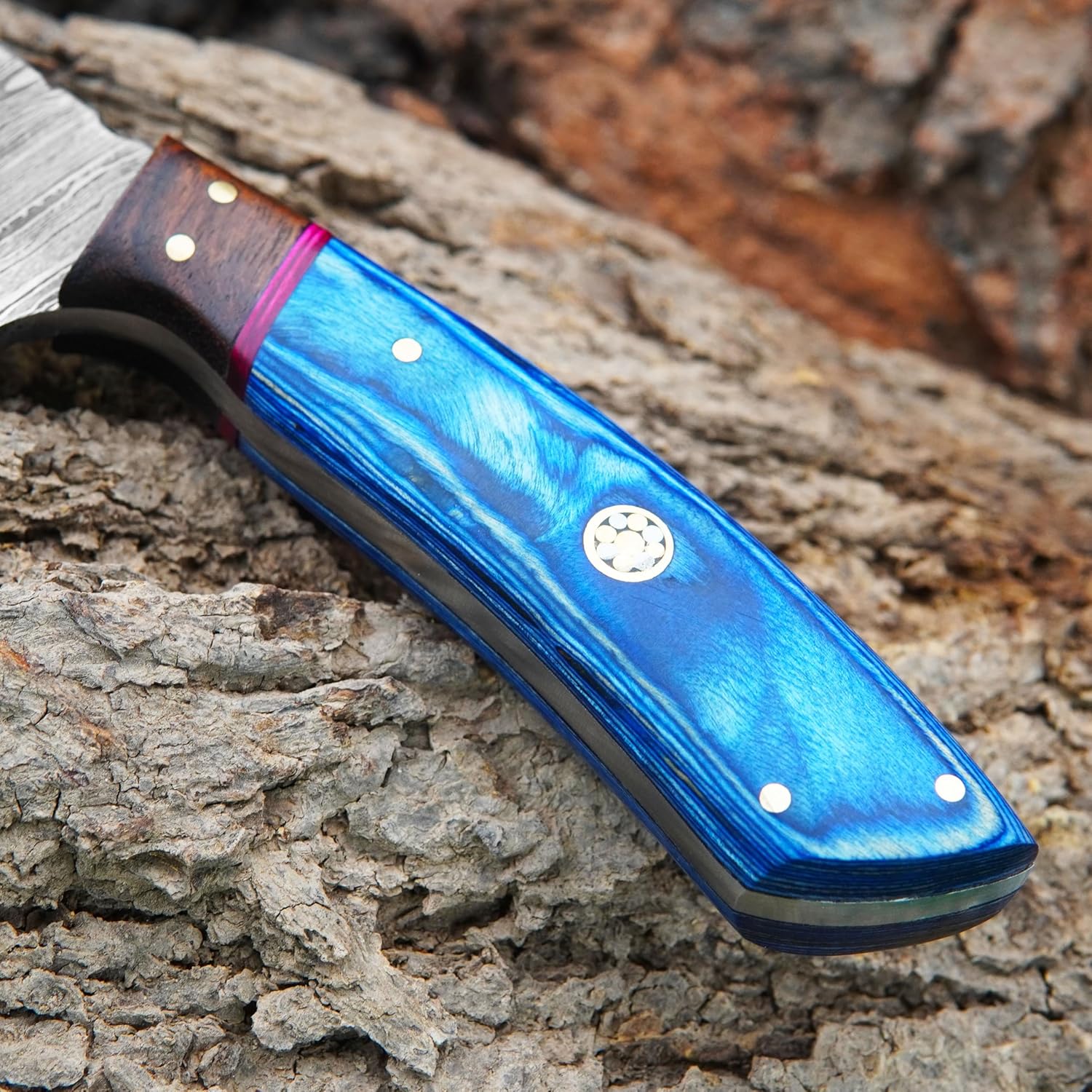 damascus hunting knife – handmade blue & rosewood handle mega blades damascus hunting knife – handmade blue & rosewood handle mega blades