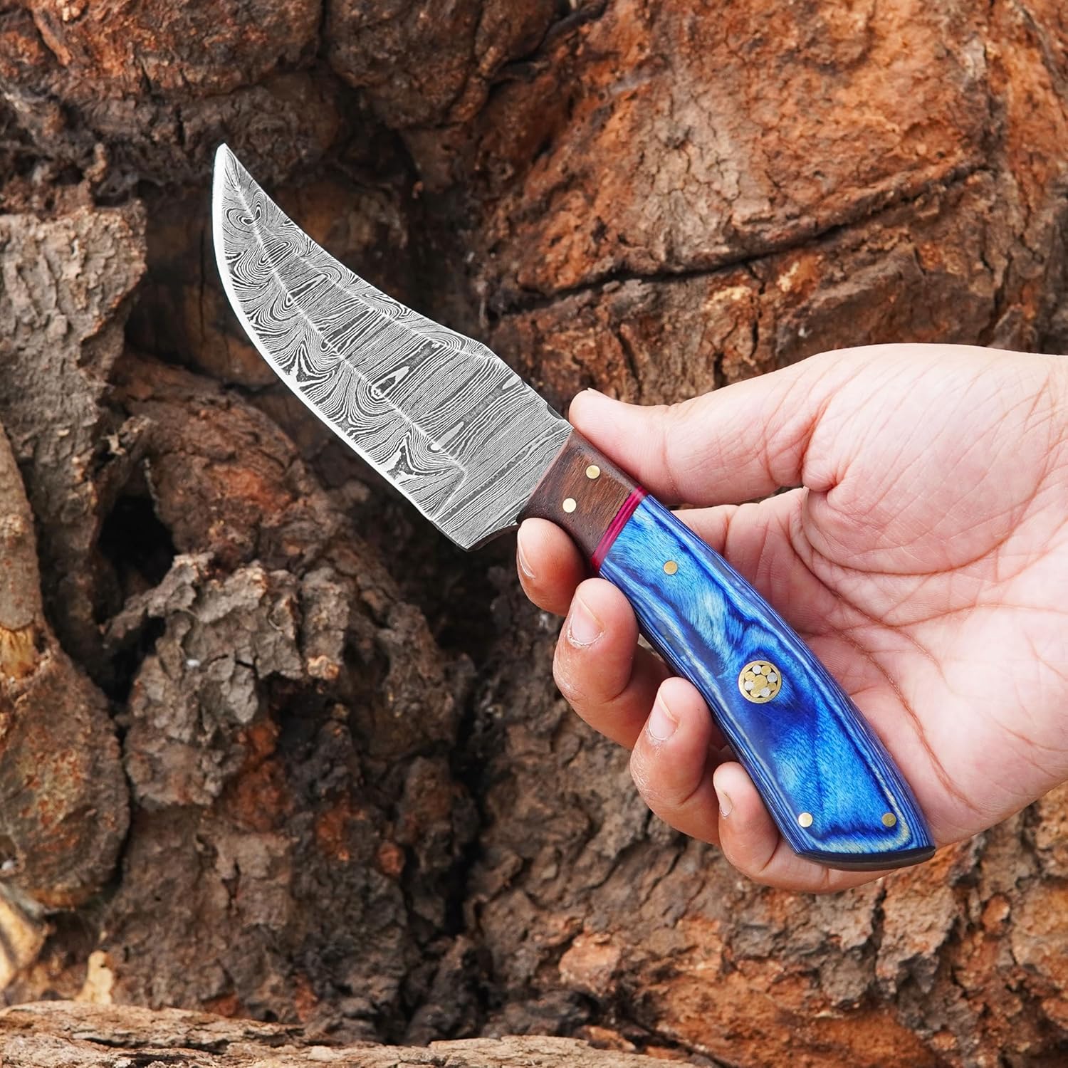 damascus hunting knife – handmade blue & rosewood handle mega blades damascus hunting knife – handmade blue & rosewood handle mega blades