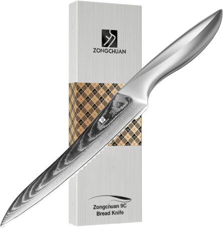damascus bread knife – 9c serrated stainless steel 8 inch blade mega blades