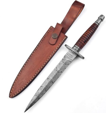 handmade damascus dagger with wooden handle & leather sheath mega blades