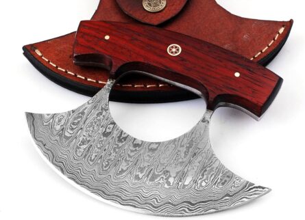 handmade damascus ulu knife with red padauk handle & sheath mega blades