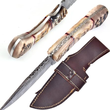 damascus hunting knife 9.5 inch fixed blade with leather sheath mega blades