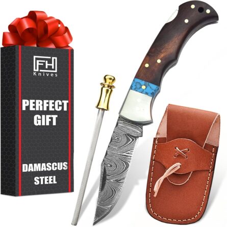 handmade damascus folding pocket knife with leather sheath mega blades