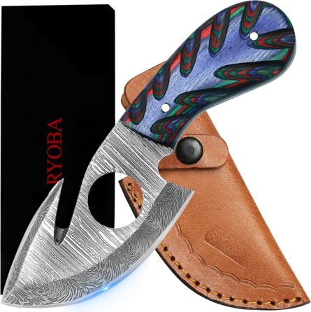 ryoba handmade damascus skinning knife with gut hook sheath mega blades