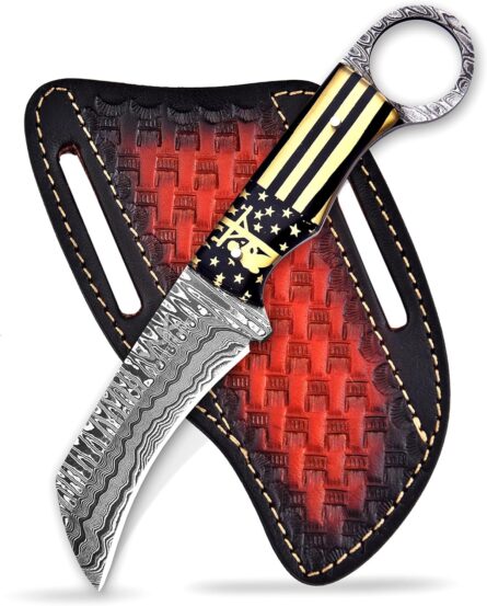 damascus lineman knife – hawkbill wire skinning fixed blade mega blades