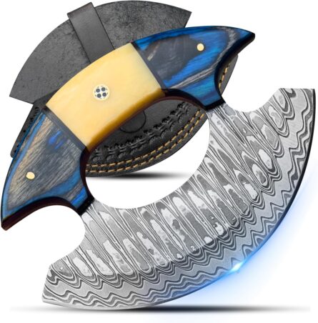 damascus ulu knife – handmade alaskan knife with leather sheath mega blades