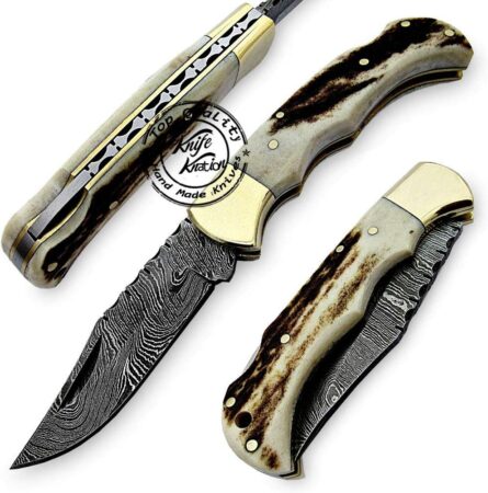 damascus pocket knife handmade folding knife with stag horn mega blades