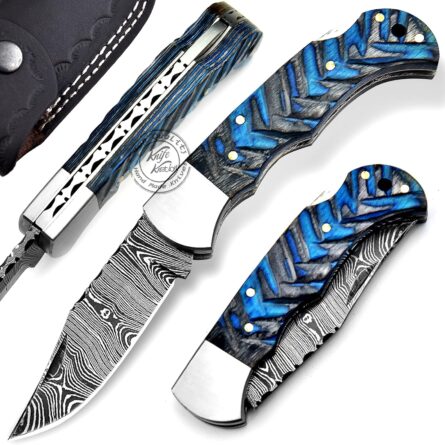 damascus pocket knife handmade folding knife blue black mega blades