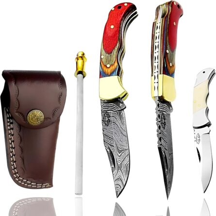 damascus steel folding pocket knife with brass bolster mega blades