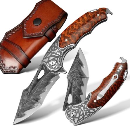 damascus pocket knife handmade folding snakewood handle mega blades