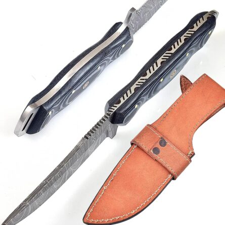 damascus knife – handmade hunting fixed blade with leather sheath mega blades