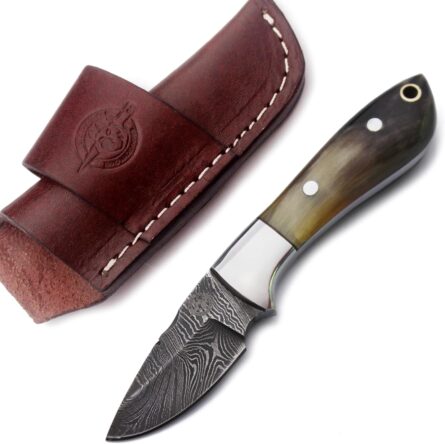 handmade damascus knife with bone handle and leather sheath mega blades