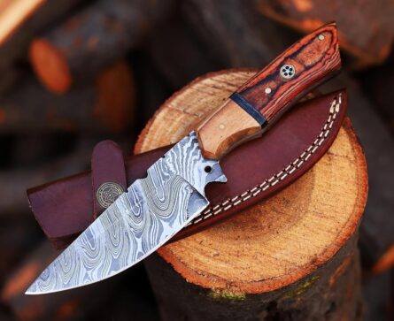 damascus hunting knife – handmade 9” fixed blade with sheath mega blades