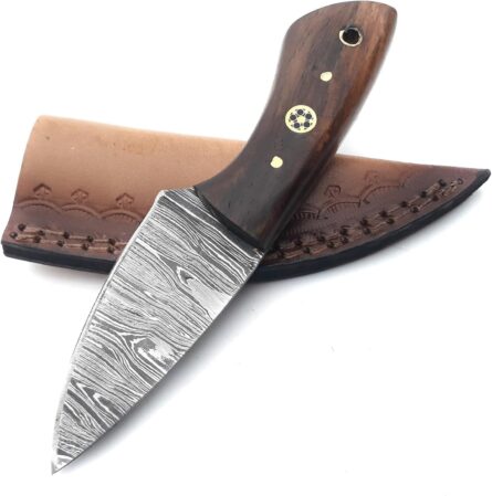 damascus skinning knife – 6” handmade fixed blade with sheath mega blades