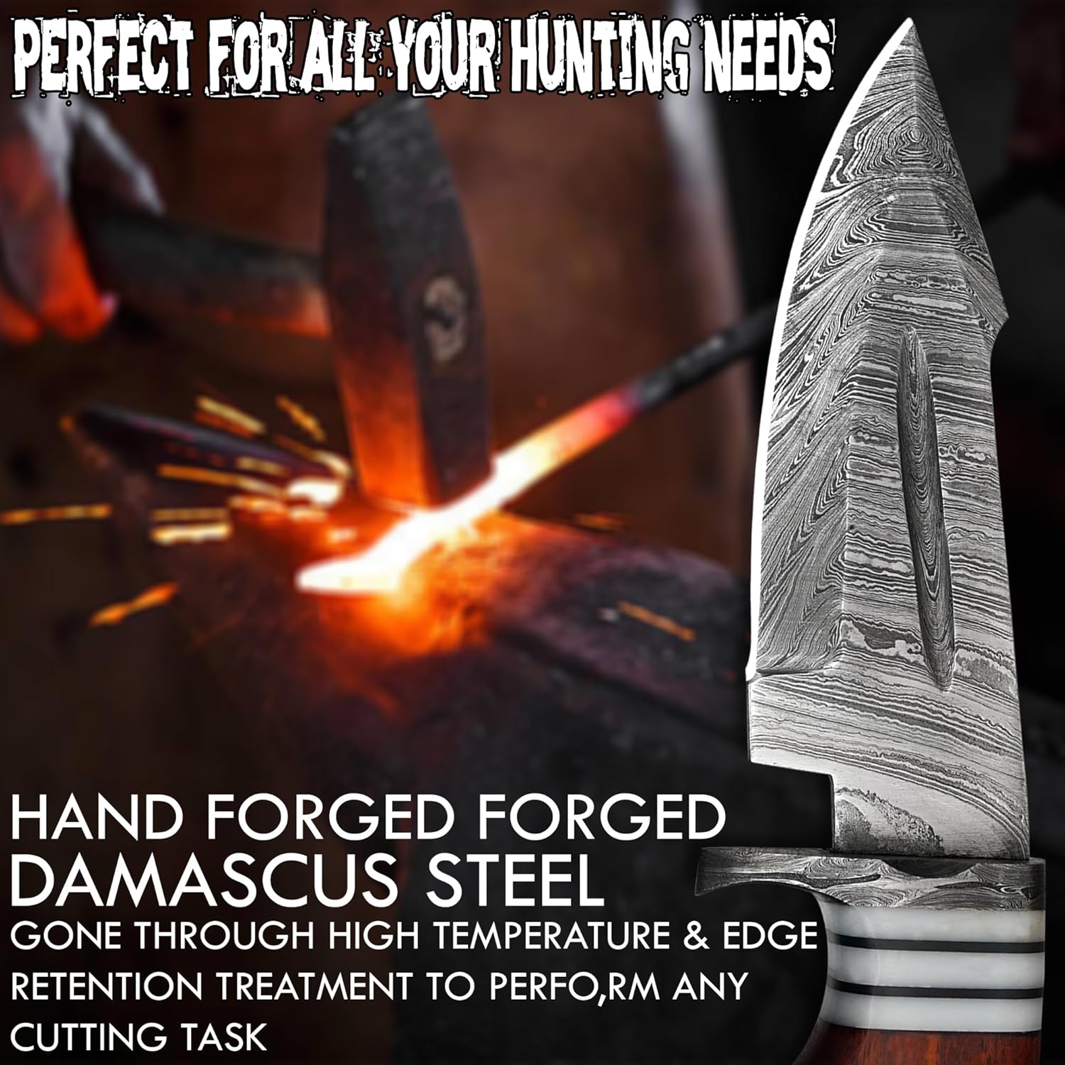 damascus hunting knife handmade with rosewood handle & sheath mega blades damascus hunting knife handmade with rosewood handle & sheath mega blades