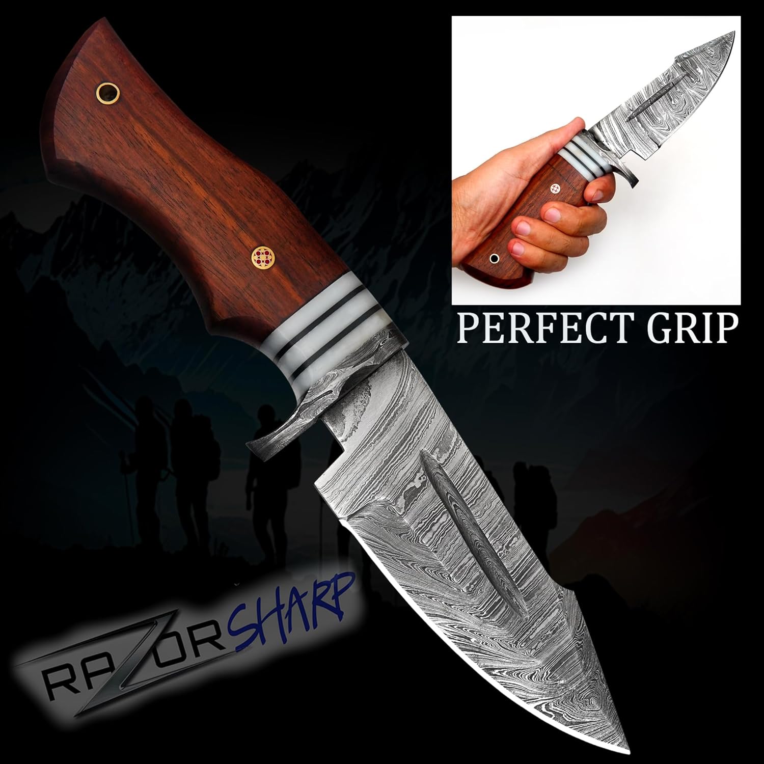 damascus hunting knife handmade with rosewood handle & sheath mega blades damascus hunting knife handmade with rosewood handle & sheath mega blades