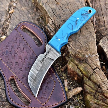 hawkbill damascus knife 7'' 1095 steel with leather sheath mega blades