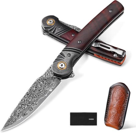 omesio damascus folding pocket knife with rosewood handle mega blades