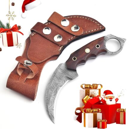 handmade damascus hunting knife with leather sheath 7.5 mega blades