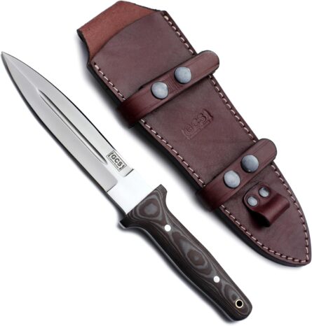 gcs d2 steel hunting knife with g10 handle & leather sheath mega blades
