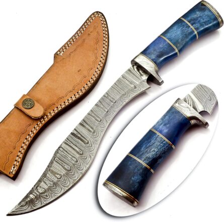 damascus kukri knife with camel bone handle & leather sheath mega blades