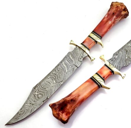 damascus knife with camel bone handle & leather sheath mega blades