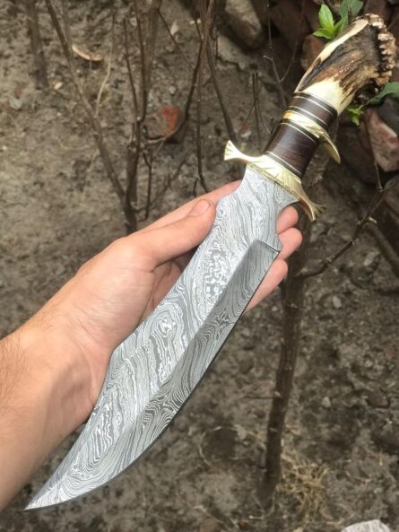 15 inch damascus bowie knife with stag horn handle mega blades