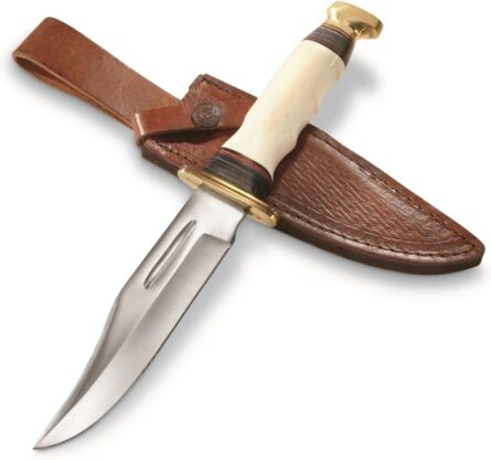 stainless steel bowie knife with wood handle & leather sheath mega blades