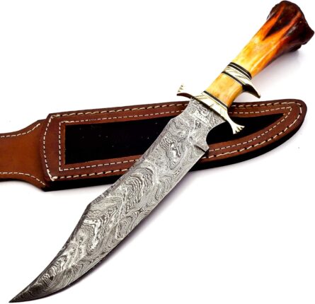damascus steel collectible bowie knife – camel bone handle mega blades
