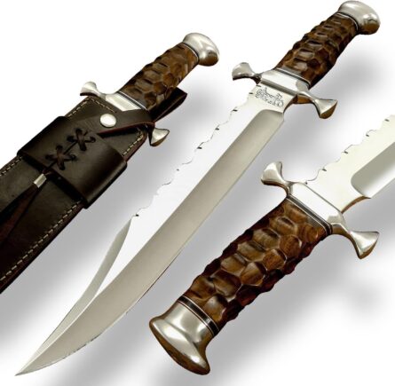 d2 steel hunting bowie knife with burl wood handle & sheath mega blades