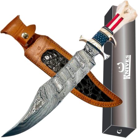 damascus gutt knife with bone handle and usa flag design mega blades