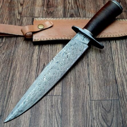 damascus hunting knife – 15” handmade steel bowie with sheath mega blades