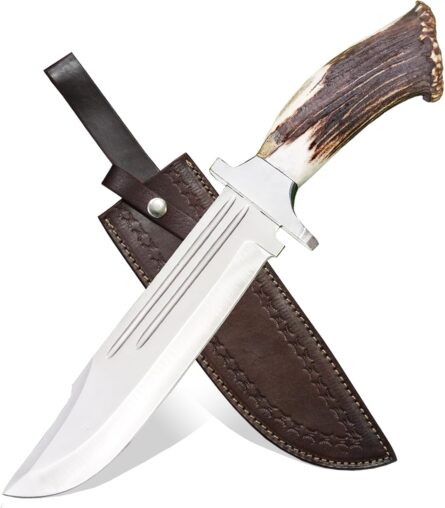 handmade stag horn knife with leather sheath for hunting mega blades