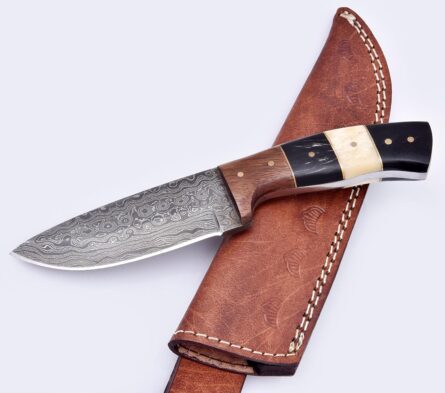 handmade 8” damascus knife with leather sheath for hunting mega blades