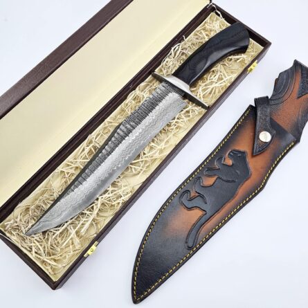 vetus black panther damascus knife with leather sheath mega blades