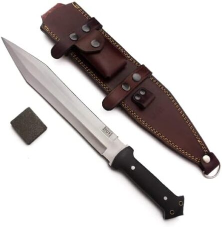 gcs d2 survival hunting knife with g10 handle and leather sheath mega blades