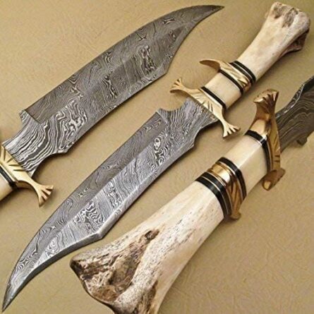 custom hand made damascus steel hunting knife with camel bone mega blades