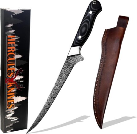 damascus steel fillet knife with leather sheath handmade mega blades