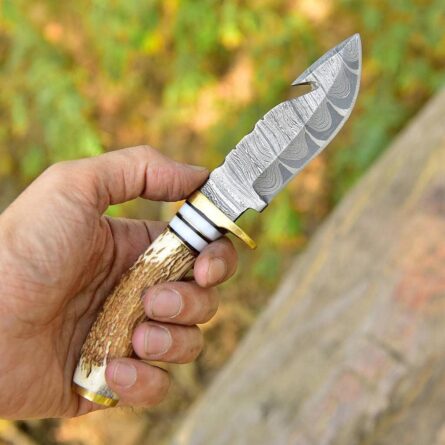 damascus guthook hunting knife with stag horn handle mega blades