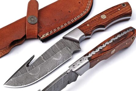 damascus gut hook hunting knife with sheath for skinning mega blades