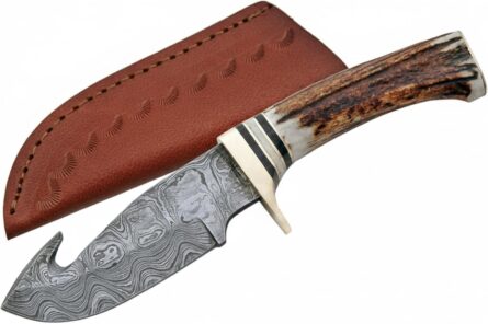 damascus guthook hunting knife with stag handle & sheath mega blades